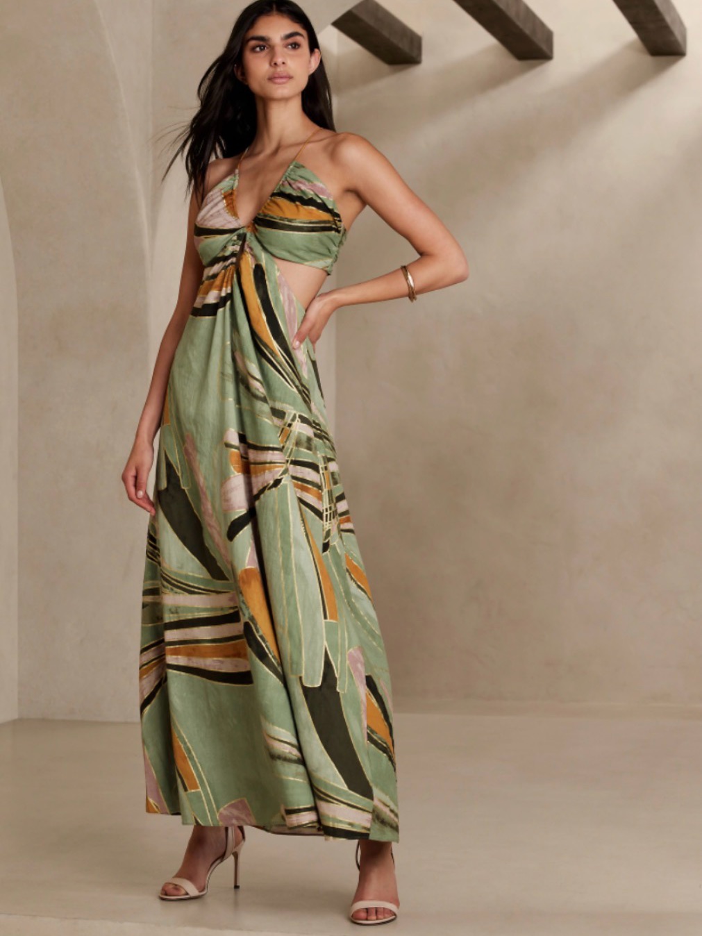Banana Republic Linen Blend Sage Multi Cutout Halter Maxi Dress